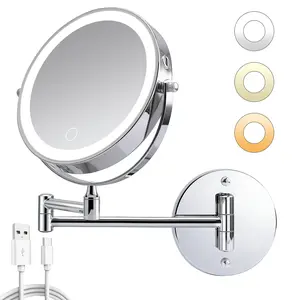 Rechargeable Wall Mounted Makeup Mirror 8 Inch Double Sided 1X/10 Magnifying Mirror with 3 Color LED Lights 360 Rotation Extendable Arm for Bathroom
