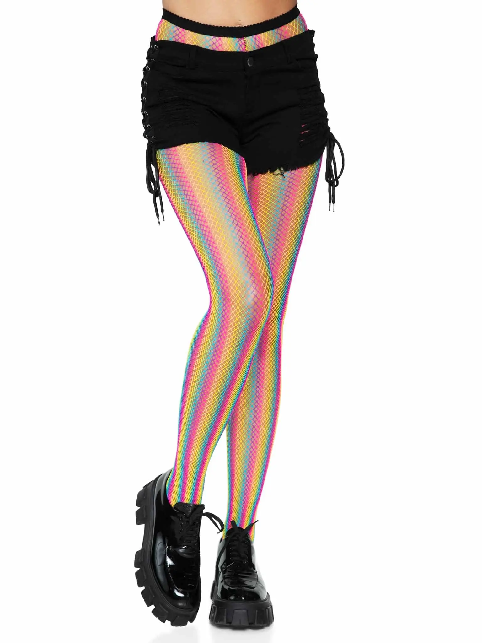Rainbow Striped Fishnet Tights for Women, Sexy Novelty Hosiery for Halloween, Raves, and Holiday Parties with Reinforced Toe