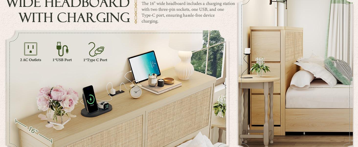 Yechen Natural Rattan Queen Bed Frame with Storage, 10 Drawers & Storage Headboard with Charging Station, Boho Rattan Wood Bed Frame with Metal Frame, Noise Free, No Box Spring Needed