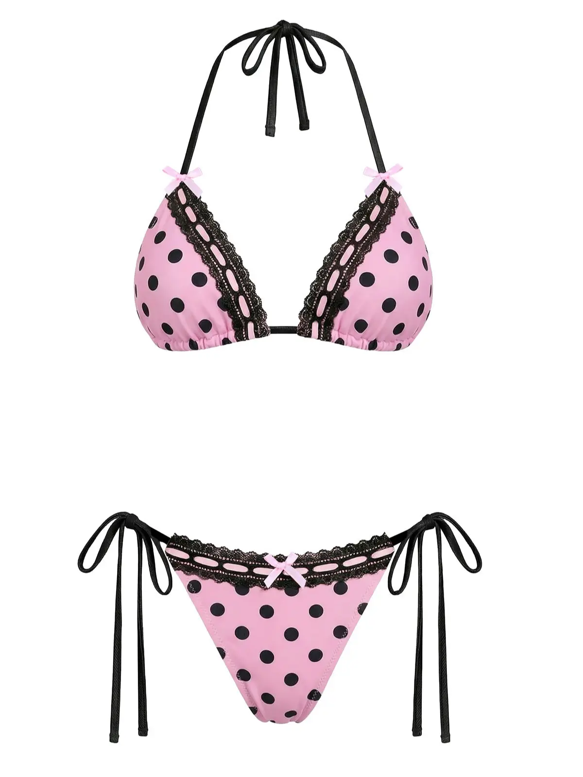 Pink 1940s Polka Dot Lace Bikini Setvacation swimwear for women cute summer outfits