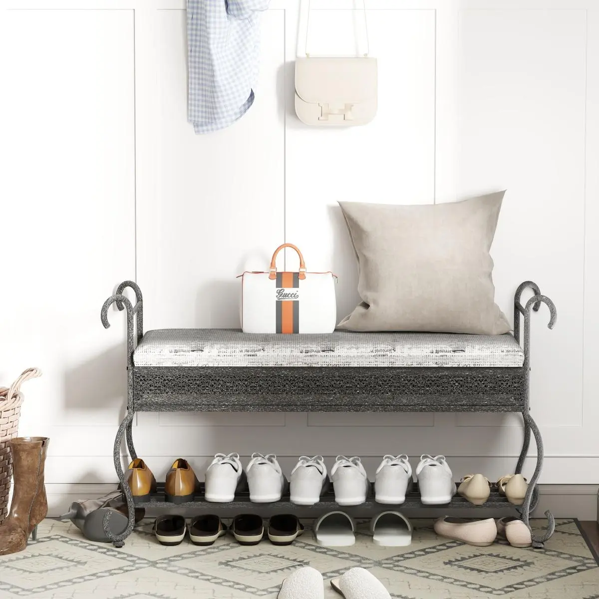 Industrial Shoe Rack Bench with Cushioned Seat, Rustic Metal Entryway Bench with Storage Shelf for Small Spaces