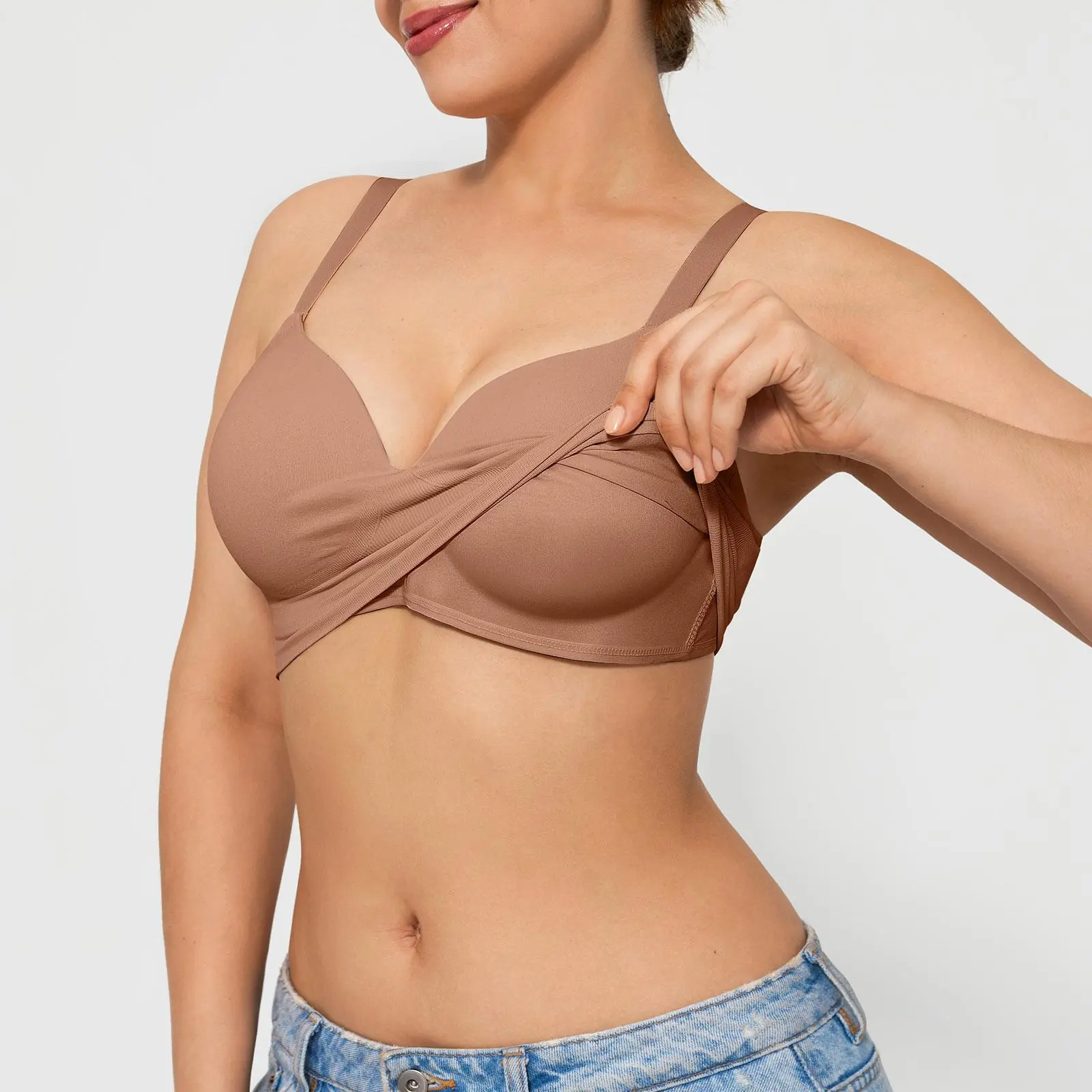 Popilush Women's 2‑in‑1 Multi‑Way Wear Wireless No Underwire T‑Shirt Bra Seamless Full Coverage Push Up Bralette Soft Supportive Comfort Adjustable Deep V Plus Size Everyday Wear Womenswear