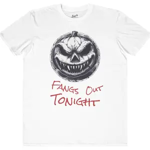 Apparel Men's Lightweight Halloween Tee Fangs Out Tonight Spooktacular Shirt Unisex Casual Fall Fashion Creepy Pumpkin Ribbed Knit Crew Neck Short Sleeve Breathable Cotton Polyester Blend Classic Fabric Menswear Top Festive Medium Spooky Tshirt Streetwear