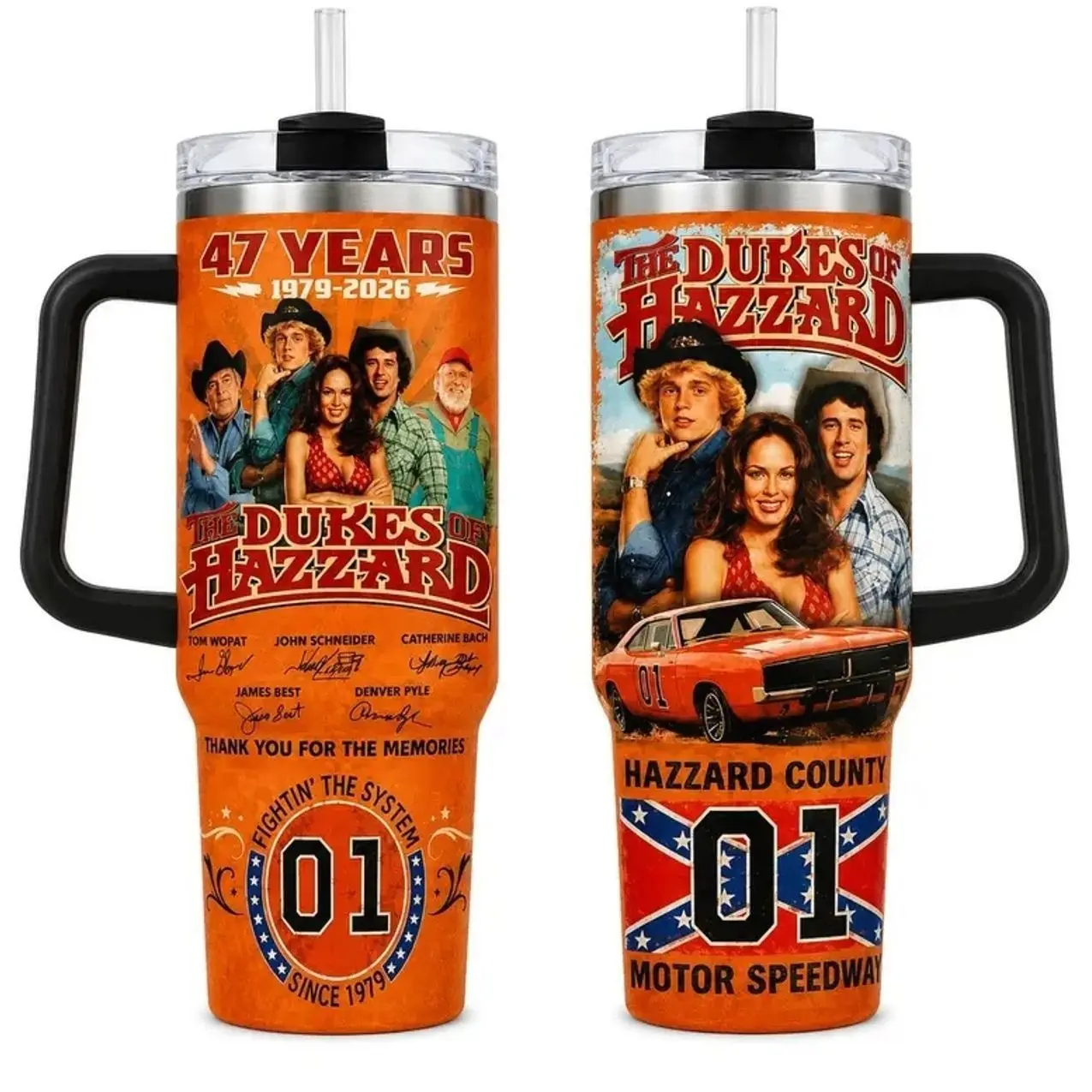 The Dkes 0f H@zzard 47 Years Anniversary Tumbler 30oz 40oz With Handle, Orange Classic TV Show Fan Cup With Retro Car