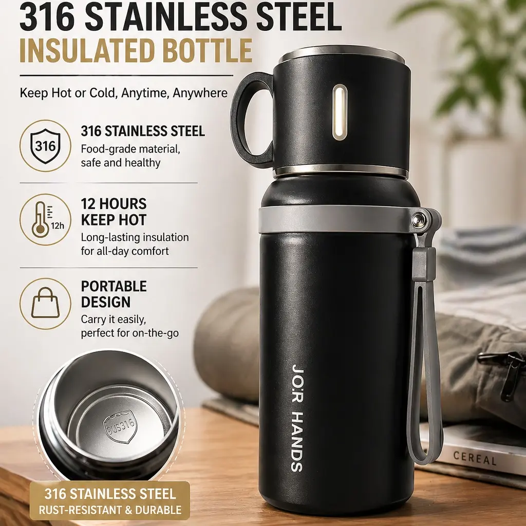 600ml Stainless Steel Insulated Water Bottle - Portable Vacuum Flask with Rope, Leakproof Insulated Tumbler, Insulated Travel Cup Mug, 1-Size for Camping, Cycling, Birthday Gifts, Home Office Coffee Use, One Size