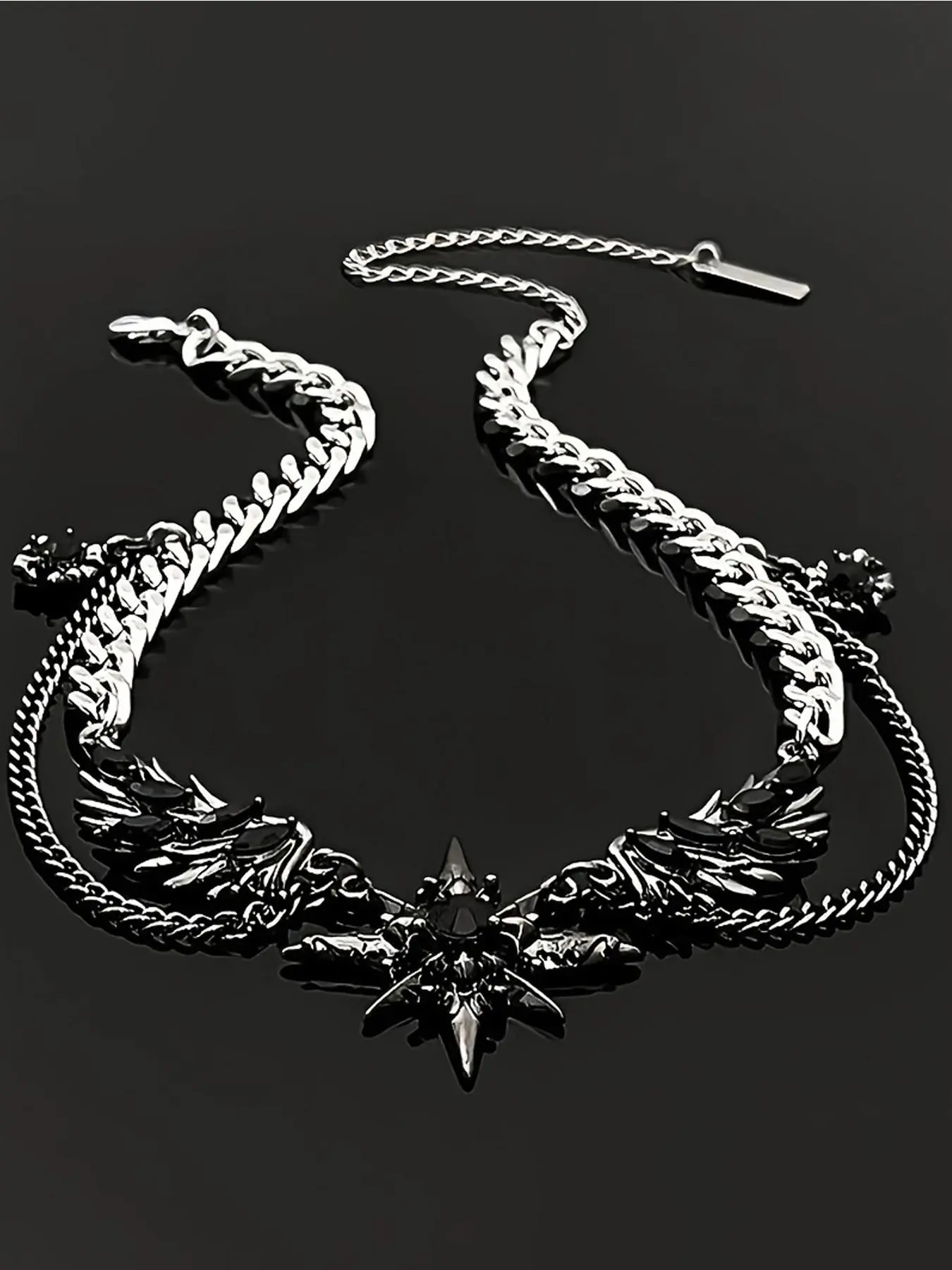 Hiphop Trendy Dark Style Starburst Wings Design Necklace, Punk Personalized Unisex Party Hiphop Necklace, Men Women Fashion Jewelry, Star Shine Necklace, Bling Chain, Alloy Necklace
