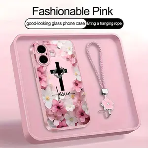 Christian Jesus Cross Floral Art Phone Case, Suitable for [iPhone 16 Plus] high-end women's, Lanyard a beautiful four-leaf clover lanyard is included🍀 952