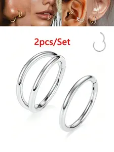 2 Pcs Nose Ring Hoops, Double Nose Ring Clicker Hinged Nose Ring Septum Ring, Hypoallergenic Nose Piercing Hoop, Surgical Steel Cartilage Tragus Daith Helix Conch Earrings, Body Piercing Jewelry for Women Men, Helix Pierced Ring, Nose Ring Hoop