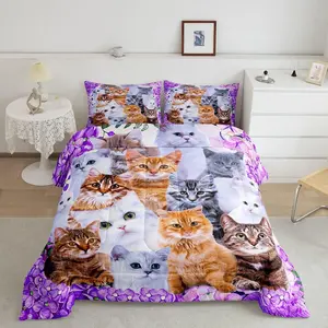 Cute Cartoon Cat Comforter Set,Pet Cats Luxury Bedding Set,Collage Kitten Kitty Bedding Comforter,Feline Animal Lovely Floral Purple Quilt Set, Bedroom Bedding Set, Breathable Duvet Set
