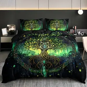 3-Piece Life Tree Print Decorative Duvet Cover Set, Soft Breathable Polyester Fabric, All-Season Use, Includes 1 Duvet + 2 Pillowcases