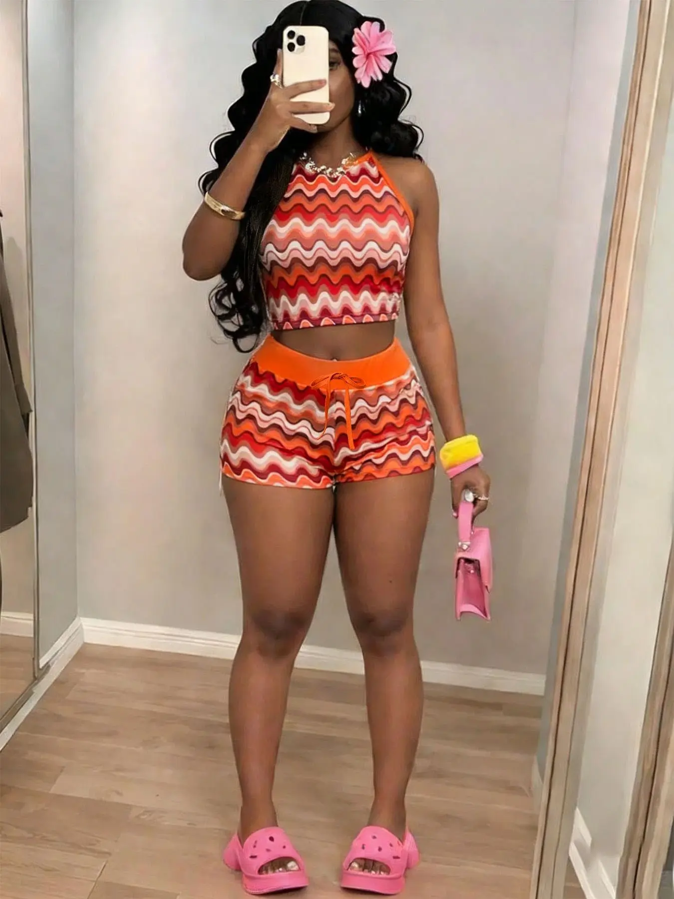 Retro Wave Print Halter Neck Crop Top & Shorts Two-Piece Clothes Set — Women's Y2K Style Lightweight, Chic, Aesthetic Casual Outfit, Ideal for Parties, Streetwear, Summer Beach, and Bohemian Looks