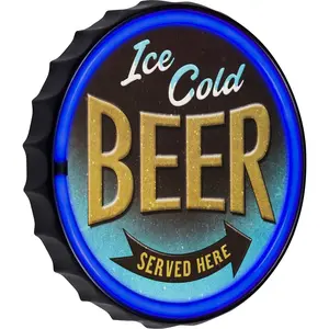 Ice Cold Beer LED Neon Bottle Cap Sign Retro Home Decor (12")