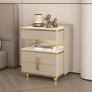 Messenya Modern Luxury Nightstand with Marble Texture | 3-Drawer Gold Bedside Table | Tempered Glass Accent Side Table for Bedroom & Living Room