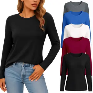 Women's Three-Piece Set: Loose-Fit Long-Sleeve Crew Neck Classic T-Shirt Fall/Winter Top & Base Layer Casual Minimalist Crew Neck Solid Color Three-Piece Set - Regular Fit