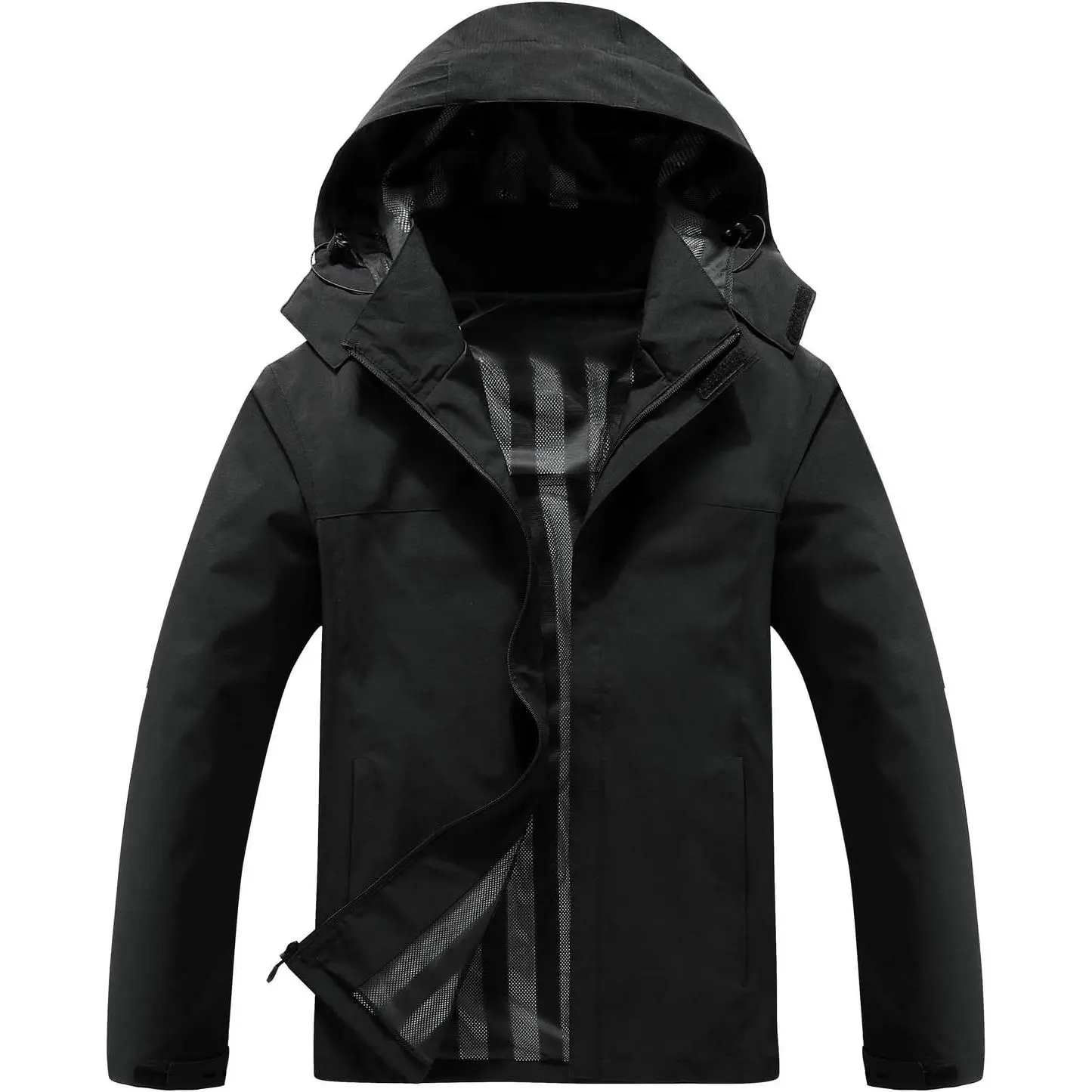 Men's Lightweight Waterproof Hooded Rain Jacket - Menswear Shell with Breathable Mesh, Pocket, Adjustable Hem for Hiking, Travel, Tops, Raincoat, Hook And Loop, Long Sleeve