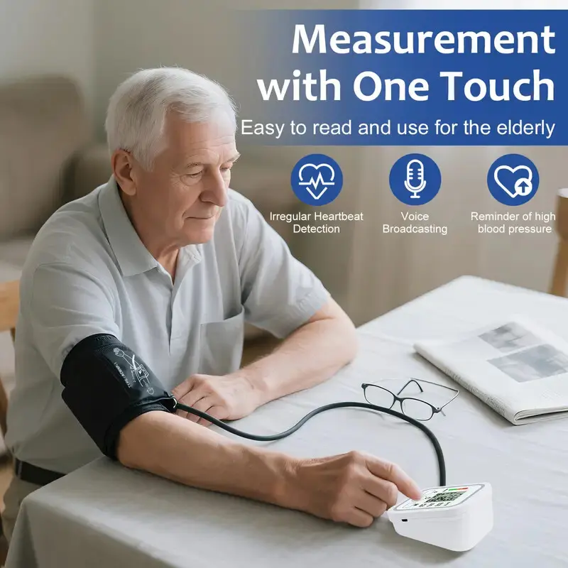 Easy-to-Use Upper Arm Blood Pressure Monitor for Adults - Large Backlit LCD, Adjustable Cuff, 60s Fast Reading, Voice Announcement, High Blood Pressure Alarm, 2×99 Memory, Suitable for Home and Travel (No Batteries Included) Healthcare Kit Portable Summer