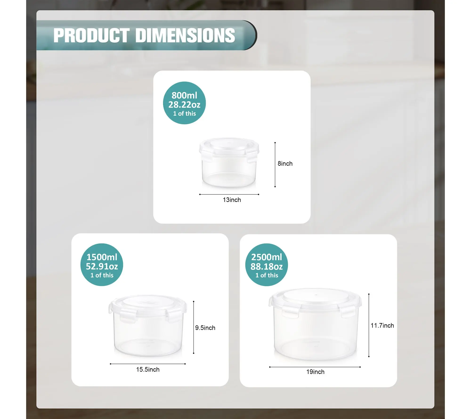 Sorbus Airtight Plastic Food Container, Round White Lid, 3-Pk