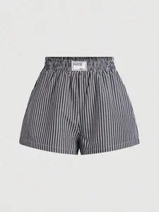 Women's Blue & White Striped Elastic Waistband Shorts With Alphabet Applique Decoration