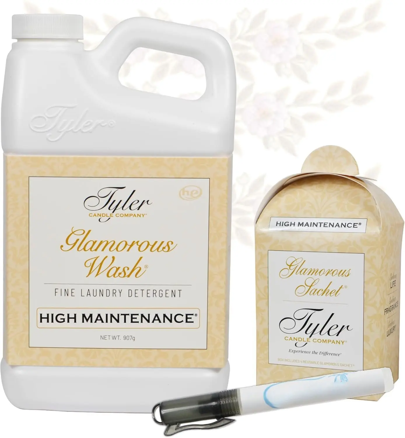 Tyler Glamorous Wash High Maintenance 32oz Liquid Laundry Detergent - Gentle on Linen, Stain Removal, Clean & Fresh Scent, Hand & Machine Use, Bonus Stain Remover Pen & Bonus Box of Sachets (32 oz. High Maintenance)