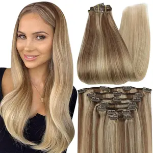 Full Shine Clip in Hair Extensions Balayage Blonde Real Human Hair Clip ins for Women