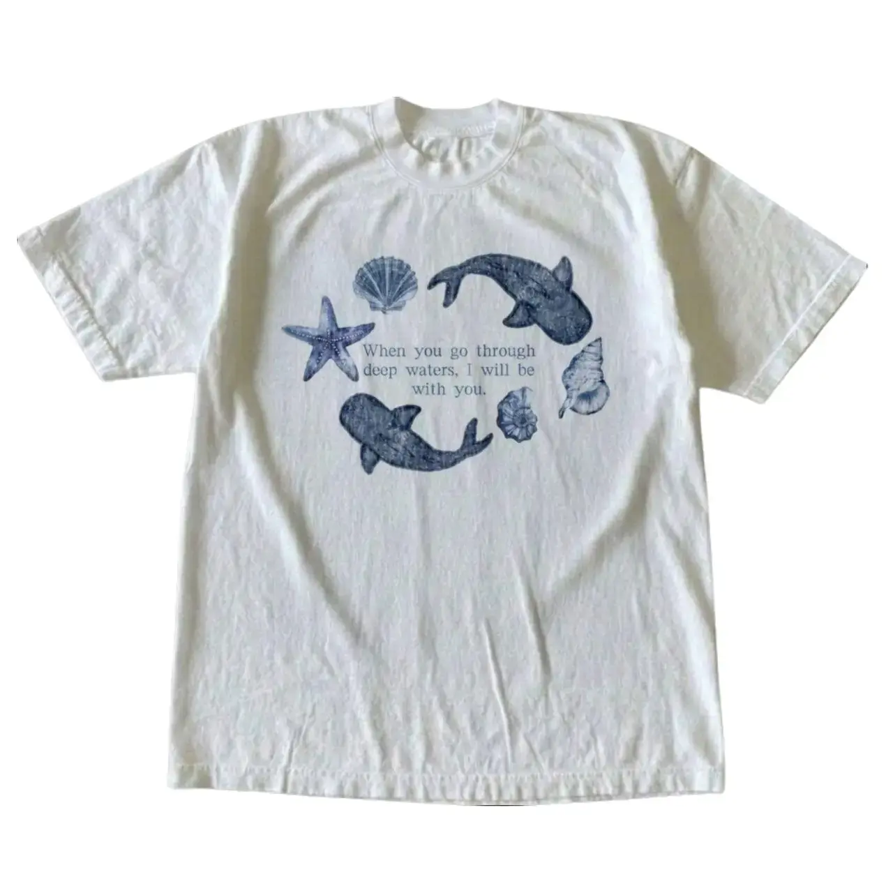 Retro Ocean Sea Life Verse Graphic T-Shirt, Coastal Daughter Blue Shells & Whale Tee, Unisex White Cotton Oversized Casual Beach Shirt