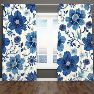 The 2-piece set features an elegant blue flower and delicate leaf pattern design, presenting a variety of floral patterns in different blue tones. Translucent polyester fabric, suitable for curtain decoration in bedrooms, living rooms, and study rooms