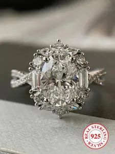 S925 Silver Rose Manor oval moissanite 1 carat diamond ring white gold group inlaid ring female, Pave engagement ring, engagement wedding anniversary gift