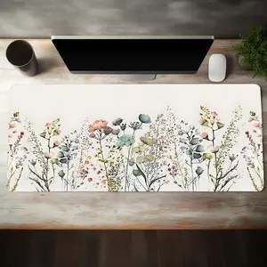 Floral Pattern Mouse Pad, Rectangle Gaming Mouse Pad, Office Desk Keyboard Mat for Home Office Game Room Desk, Non-Slip Rubber Base Stitched Edge Desk Pad, Cute Desk Accessories