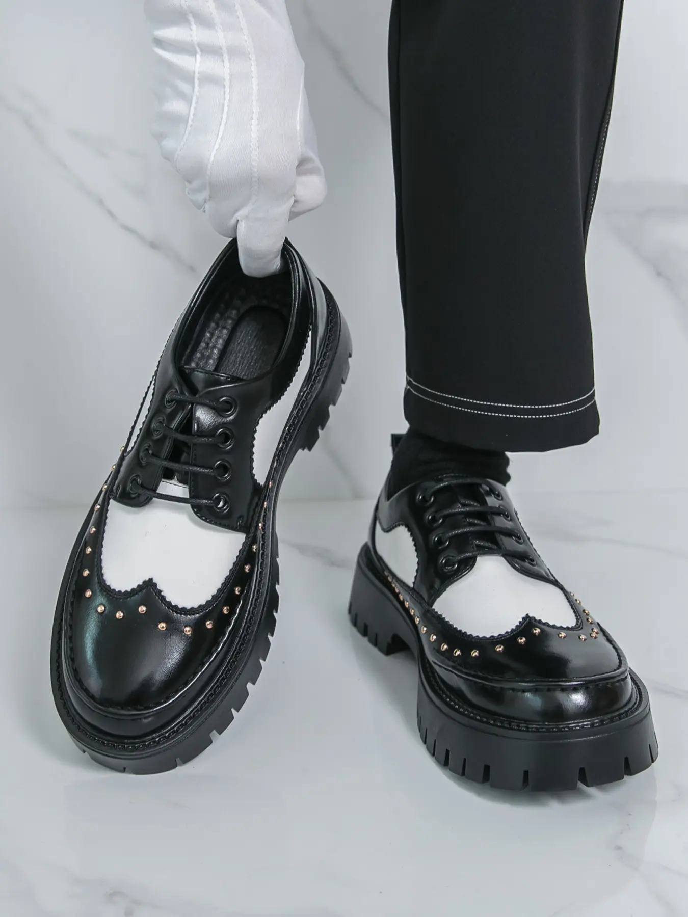Men's Fashion Casual Patchwork Wingtip Dress Shoes, Lace-Up Business Office Formal Footwear, Stylish Comfortable Men's Rubber Shoes for Daily Wear, Business Style Shoes