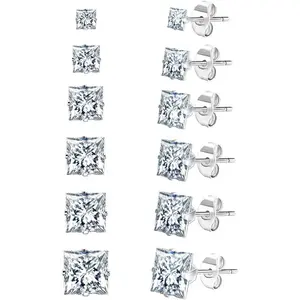 Graduation Gift  18K White Gold Plated Square Cubic Zirconia Studs Hypoallergenic Mens Earrings, Stainless Steel Stud Earrings Set for Men 6 Pairs