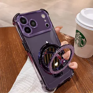 Women's Phone Case with Mirror & Stand for iPhone 17 ProMax/Pro/Air. Features a purple chrome alloy frame, high-definition transparent material, reinforced corner protection, and full-body drop-resistant design.