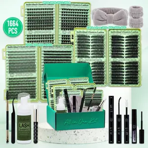 1664 PCS Lash Clusters Kit D Curl 12 Styles Cat/Volume Lashes Book Kit with Bond&Seal Lash Remover Brush Lash Applicator Headband Wristband set and Lash Shampoo&Brush, Perfect for Beginners&Proficient, Easy Apply for Makeup Daily, Individual Lash Kit