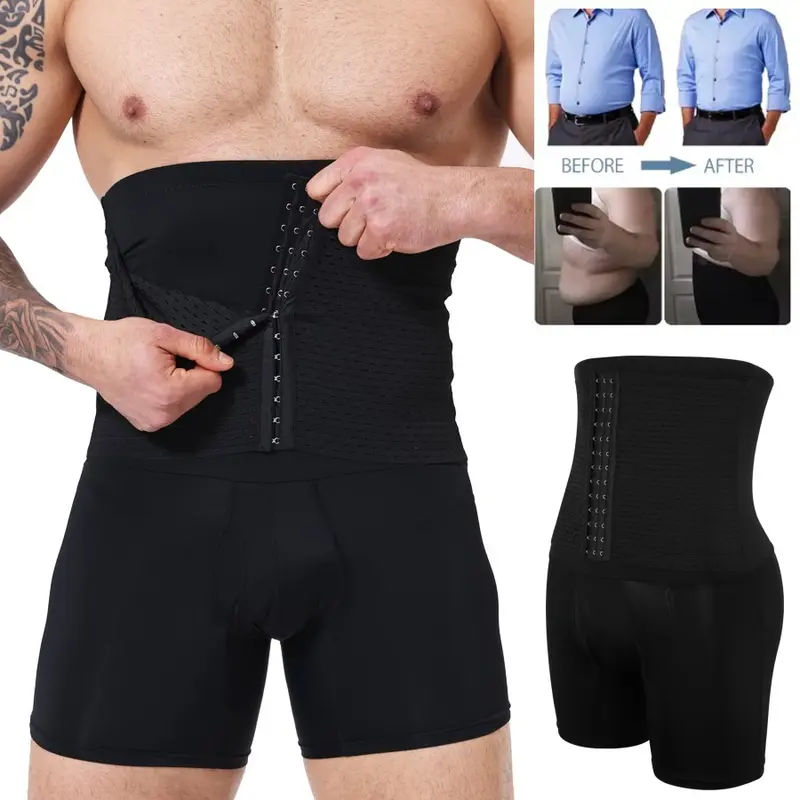 Men's High-Waist Shaper Shorts, 1/2/3/4 Pack Menswear, Adjustable 3-Row Hook-and-Eye Waistband, Tummy Control, Ultra-Thin Breathable Nylon-Spandex Compression Fabric, Quick-Dry Mesh Belt Trainer, Suitable for Sports & Fitness
