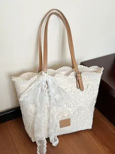 Lace Niche Design Fresh Literary Tote Bag With Bow, Fashionable And Simple Casual Handbag, Large Capacity And High-Value Women's Shoulder Bag, Elegant Temperament Women's Underarm Bag, Suitable For Vacation Beach Commuting Daily, Stylish Tote Bag
