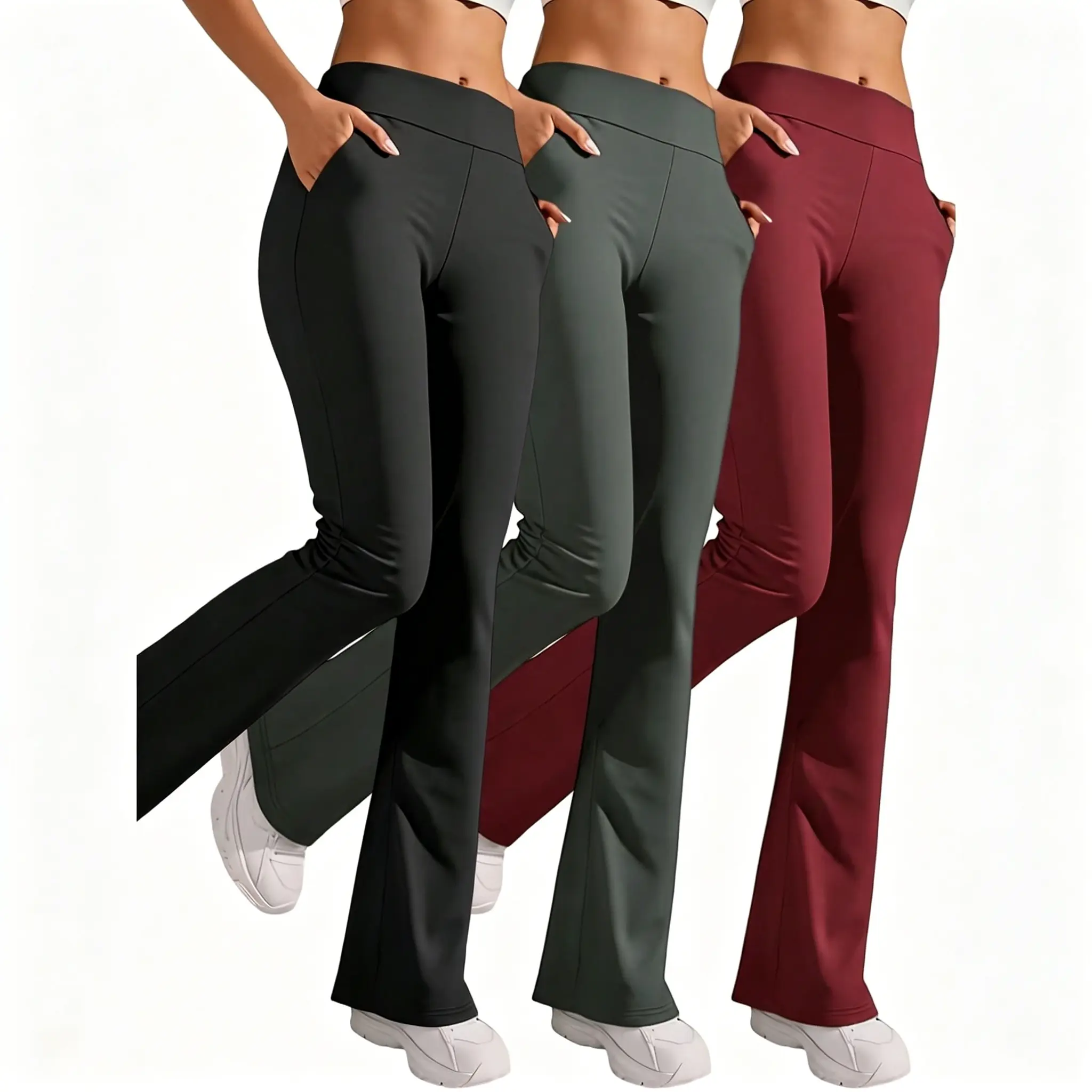 Women's High Waist Solid Black Gray Red Flared Leggings With Side Pockets, Buttery Soft Yoga Pants For Fitness, Gym Training, Hiking, Lounge, Everyday Casual Wear Activewear