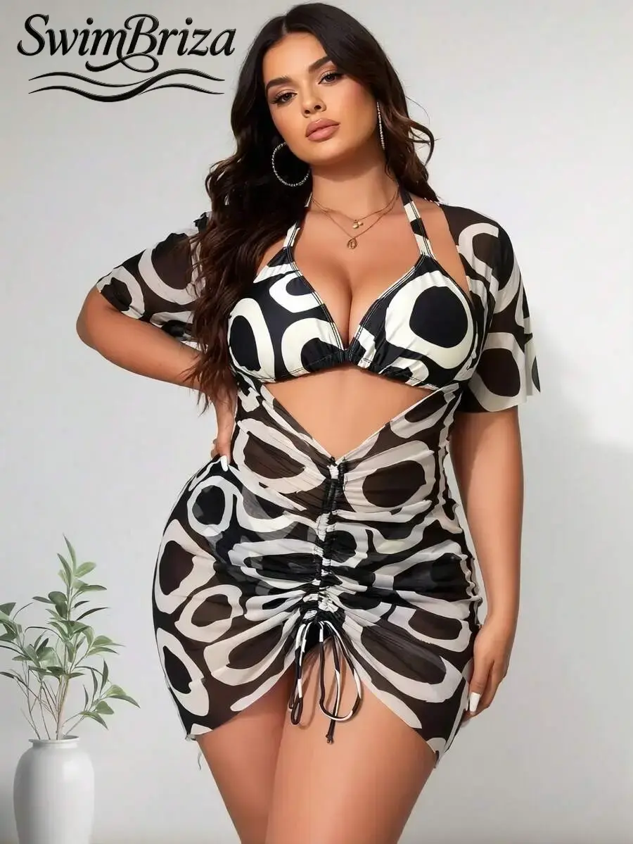 Briza｜Halter Triangle Mesh Ruched Swimsuit Cover Up For Women In Black White Abstract Print Bikini Sets Plus Size Swimsuits Plus Size Swimwear Vacation Swimwear For Women Push Up Bikini Two-Piece Swimsuit Bathing Suits For Women Resort Chic