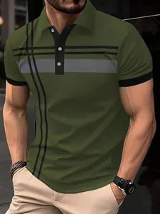 Men's striped printed contrasting patchwork polo shirt, men's polo shirt, casual short sleeved button up front collar shirt, summer t-shirt, fashionable men's daily streetwear