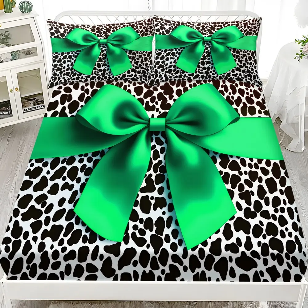Tiger Print Bow Bedding Set (1 Fitted Sheet + 2 Pillowcases), Modern Style, Suitable for Dorms, Bedrooms, Hotels, All Seasons, Bedsheet Sets