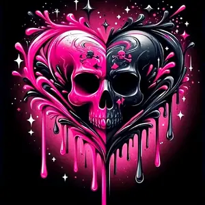 Vibrant Pink Black Dual Skulls Heart Shaped Liquid Dripping With Stars Art Painting Diamond Painting 5D DIY Diamond Painting Kit Full Drill Square Round Diamonds Embroidery Art Craft Home Wall Decor Unique Gift Handmade Decorative Painting Set