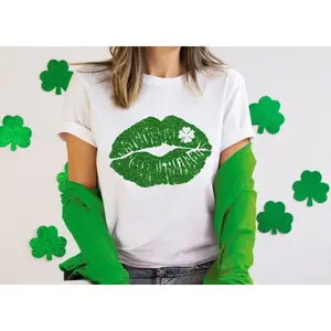 Lip Kiss Lucky Patrick's day shirt, Lips shamrock green womens shirt, st patricks day shirt, st paddys, cute st pattys shirt, pattys women Apparel Printed