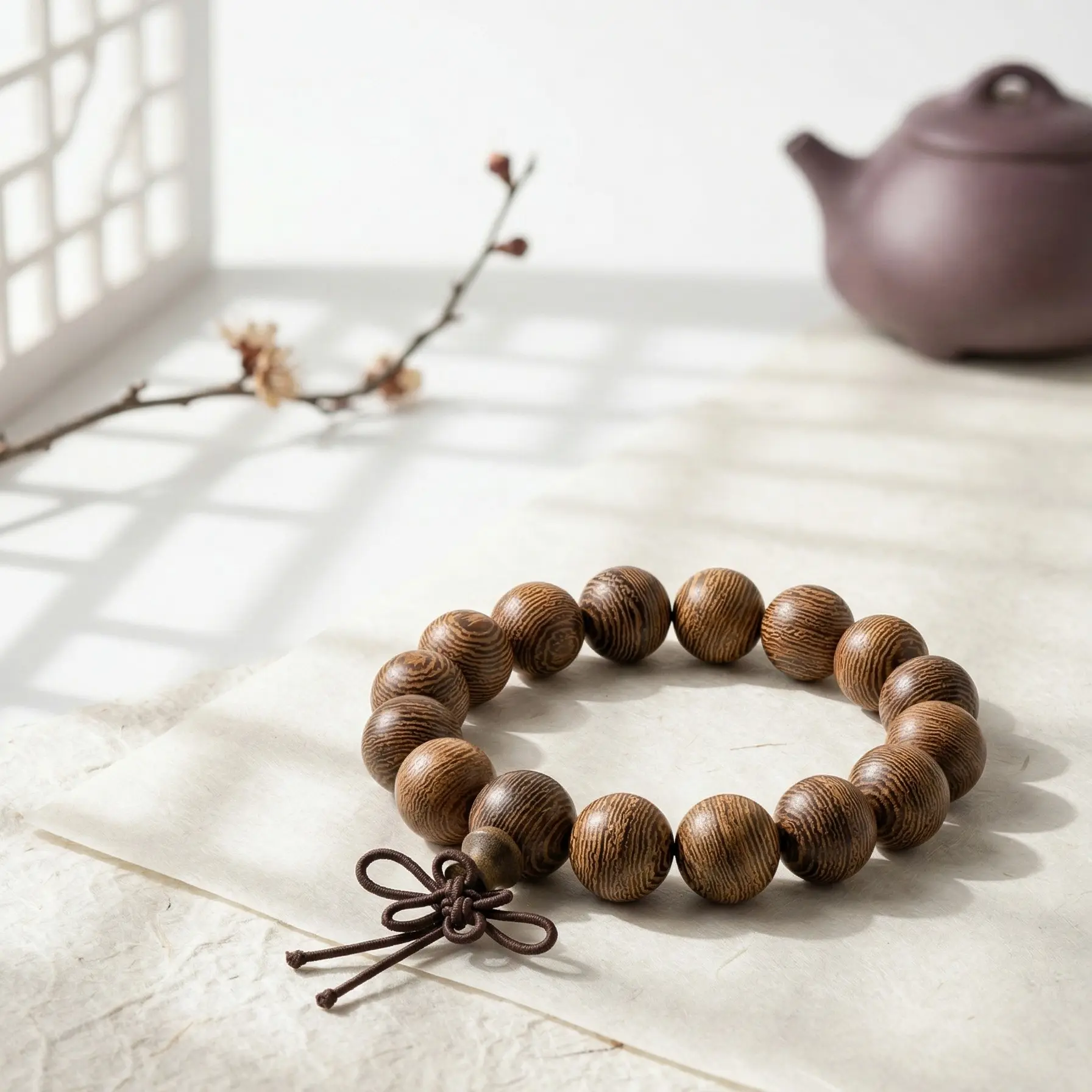 OrientalMind Hand-Carved Hardwood Buddhist Bracelet - Unisex Ethnic Religious Collectibles, 6-12mm Zen Meditation Prayer Beads with Natural Grain, Buddhism Culture Jewelry That Absorbs Mysterious Energy