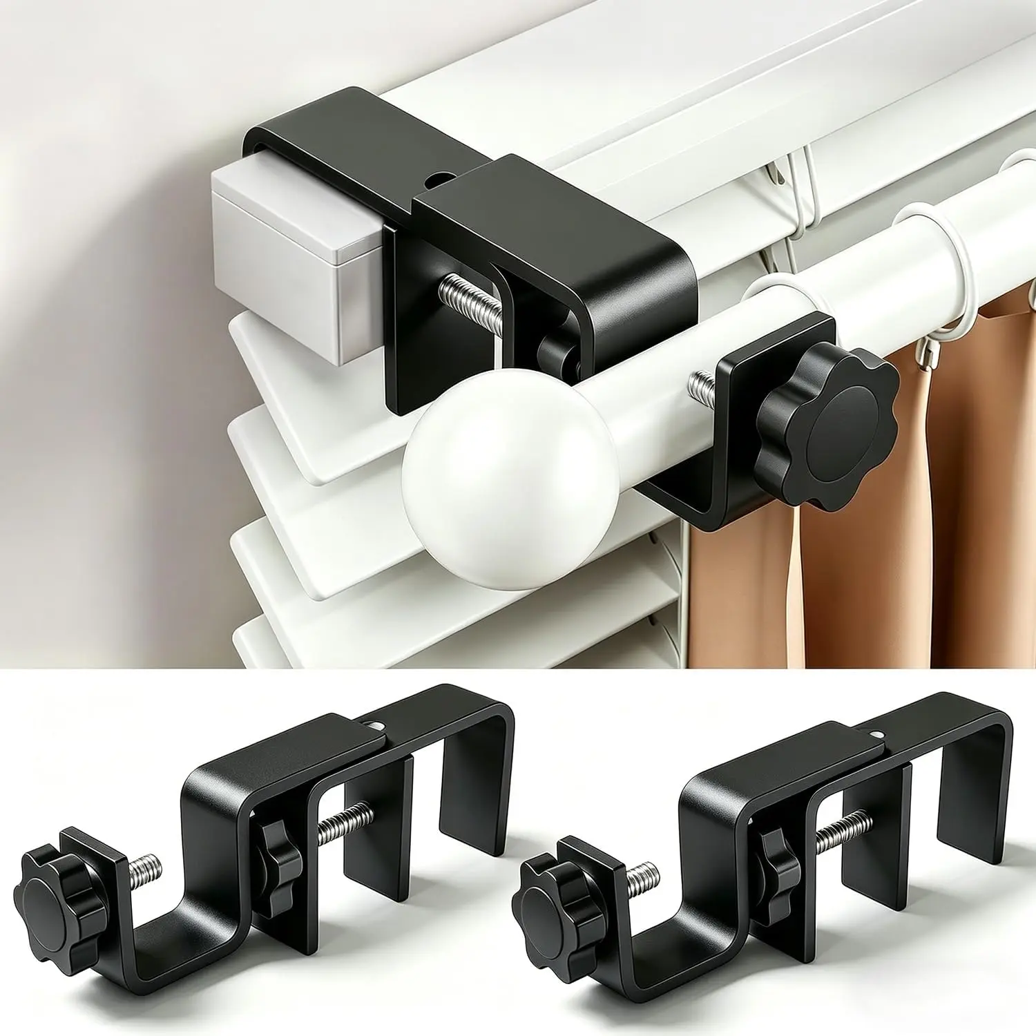 No Drill Curtain Rod Brackets for Outside-Mount Blinds, Tool-Free Over-Blind Curtain Rod Holders, Fits 1-2" Rectangular Headrails, No Wall Damage, Renter Friendly Window Hardware, 2 Pack, Black, No Drill Curtain Rod Bracket Window-Dressing Hardware, Non-D