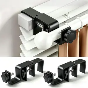 No Drill Curtain Rod Brackets for Outside-Mount Blinds, Tool-Free Over-Blind Curtain Rod Holders, Fits 1-2" Rectangular Headrails, No Wall Damage, Renter Friendly Window Hardware, 2 Pack, Black