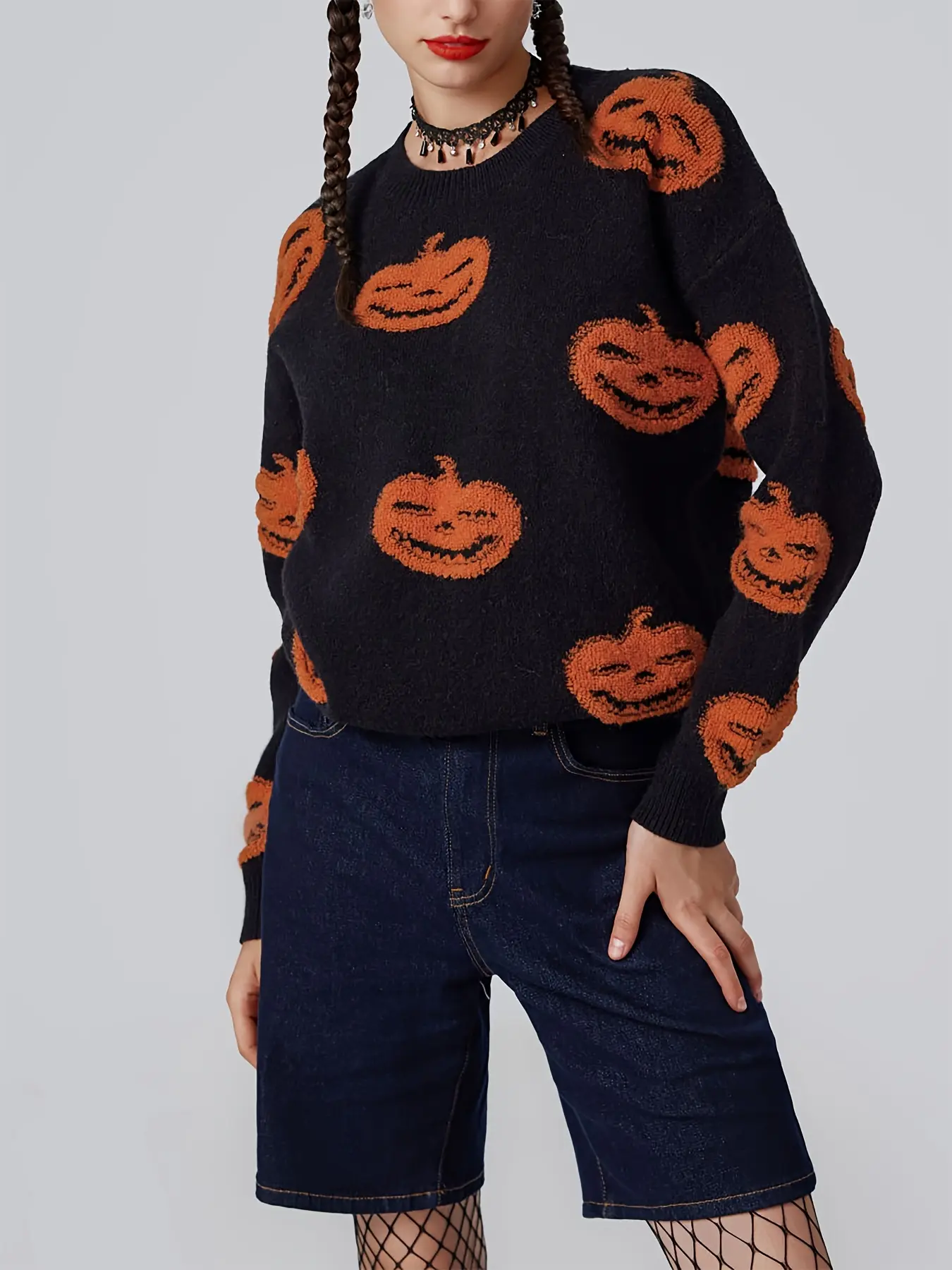 Women's Vintage Pumpkin Knit Sweater, Round Neck Loose Fit Fun Pattern, Casual Streetwear Top for Fall & Winter