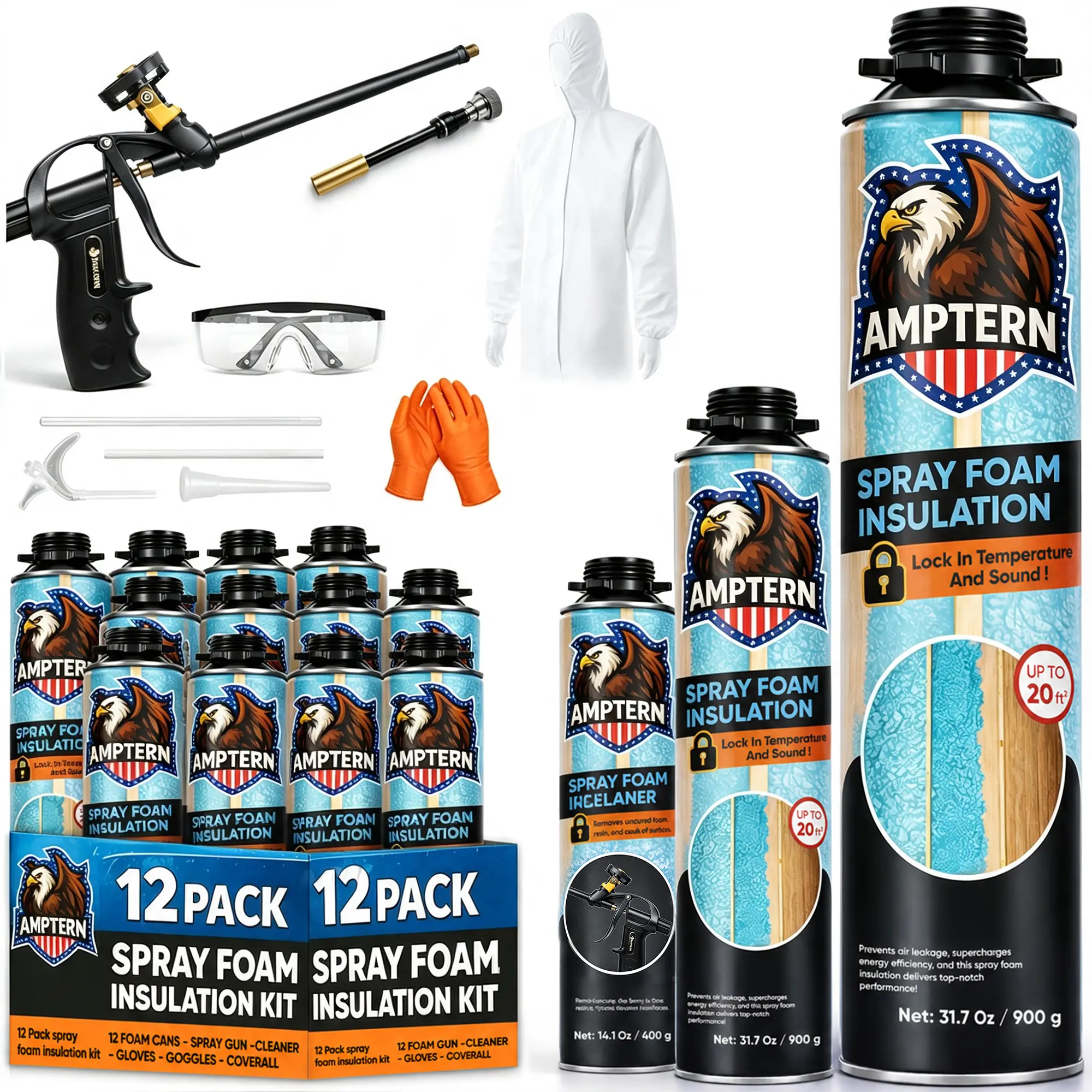 Closed-Cell Spray Foam Insulation Kit Set, Heat & Acoustic Sealant for 2 Key Surfaces (Walls, Attic) with Nozzle Tool & Cleaner for Garage Door Use