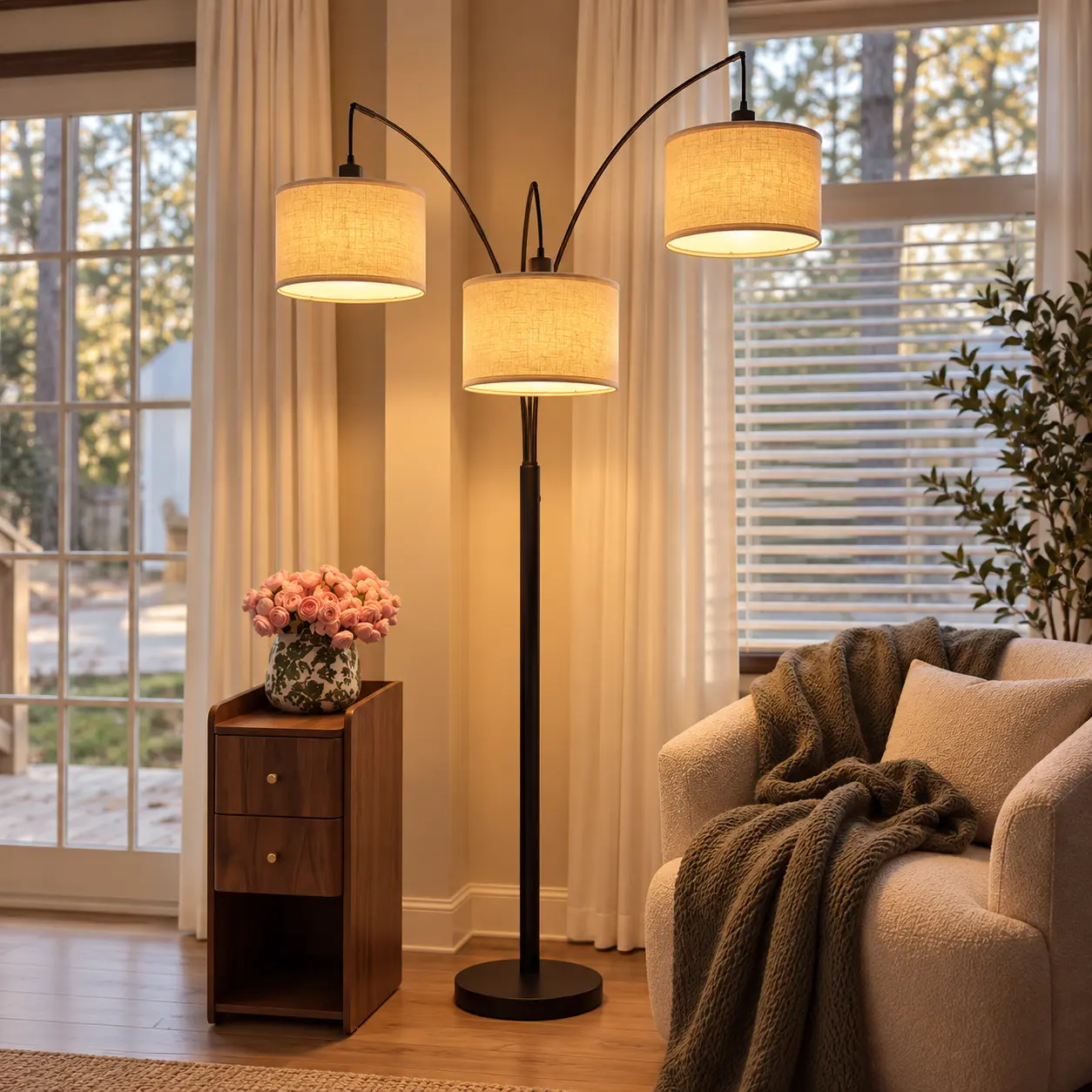Hoodink Dimmable 3-Light Arc Floor Lamp - 1000LM 1950s Style Adjustable 3x6W LED Bulb Lamp with Beige Bases & Shades, Heavy Base, for Living Room, Led Lights Bedroom, Chic Home Decor, Apartment Stuff