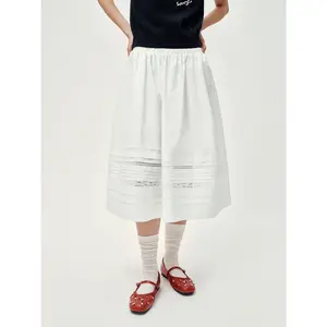 URBAN REVIVO Women's Basic Mid-Length Pastel Lace-Spliced Elastic Waist Skirt - Polyester-Cotton Fabric, Multi-Size, Casual Ruffle Hem, Thin Minimalist Spring Bottoms, UYU560018