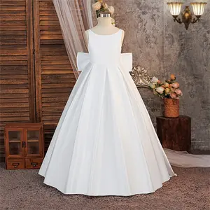 7-12Y White 802 Kids Clothes Flower Girls Princess Long Backless Sling Bow Trailing Skirt Ball Gown Frock Children Formal Evening Party Banquet Pageant Prom Host Cocktail Dress