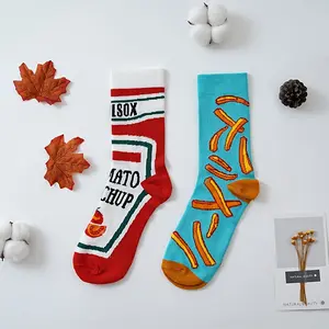 Unisex Polyester Mid Tube Socks with Fries & Ketchup Design - 95% Polyester 5% Elastane, Knit Fabric, Breathable, Stretchy, Comfortable - Hand Washable - Trendy Fall Fashion Stockings for Women