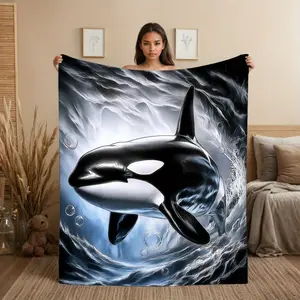 1pc Orca Whale Ocean Flannel Throw Blanket - Black & White Orca Whale & Killer Whale Print, Soft Cozy All-Season Lightweight Bedspread for Couch, Bed, Travel - Realistic Marine Life Design, Room Decor, Camping Accessory (Machine